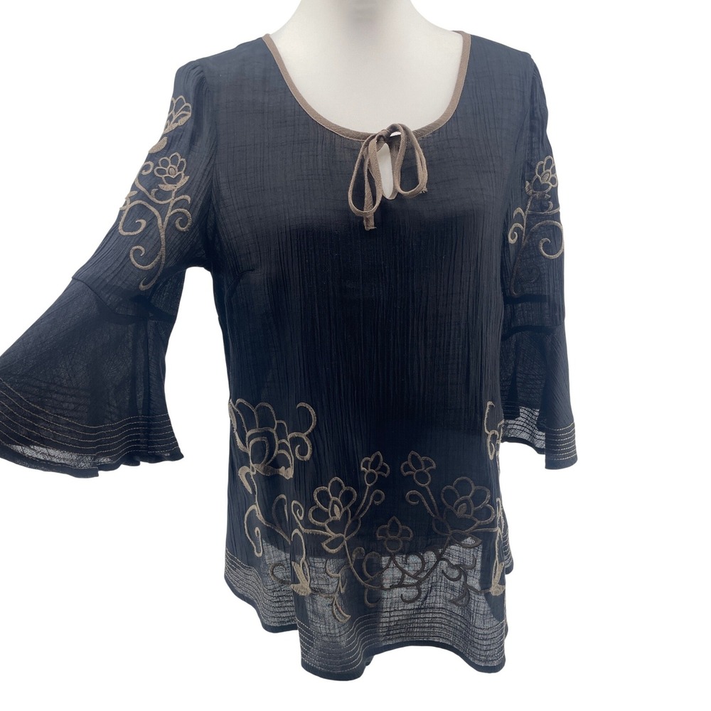 Embroidered Tunic Top Womens Medium Black Western Boho Bell Sleeve Cottagecore